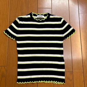 Black and White Striped Women's Tee with Yellow Accents